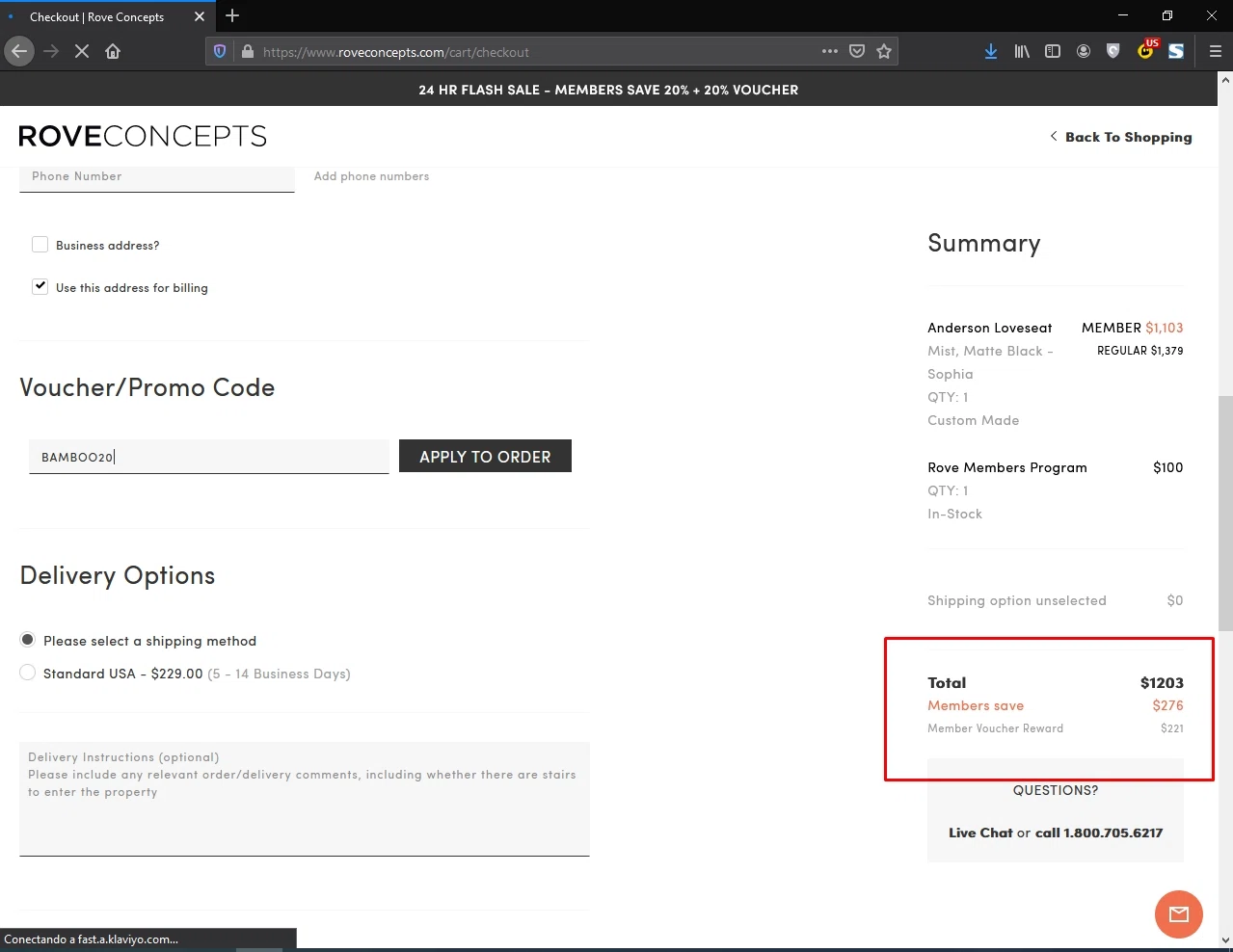Rove Concepts checkout page showing Rove Concepts coupon code box | Screenshot taken by SimplyCodes community member on Aug 24, 2020