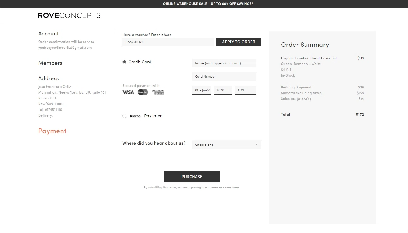 Rove Concepts checkout page showing Rove Concepts coupon code box | Screenshot taken by SimplyCodes community member on Oct 21, 2020