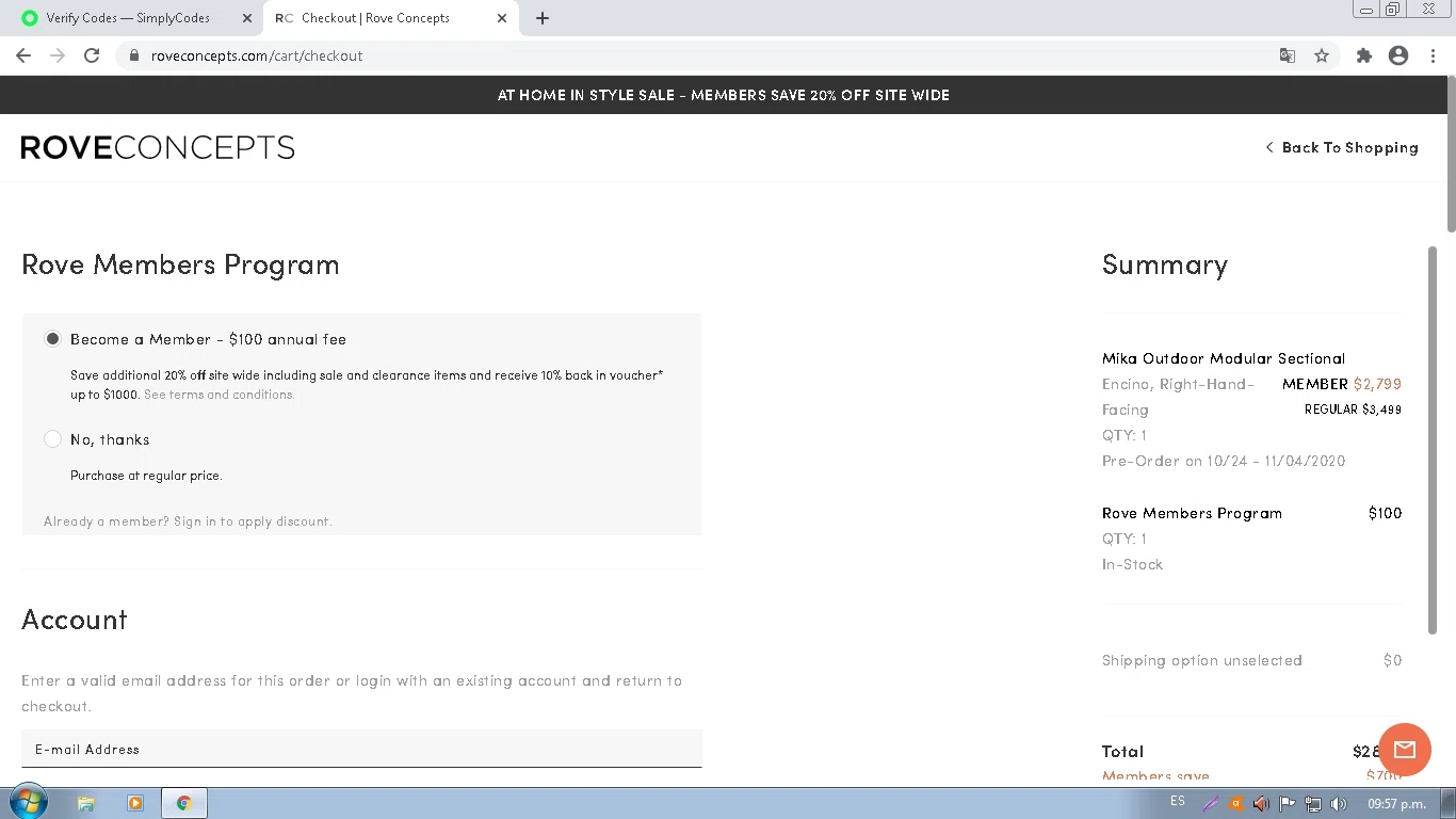 Rove Concepts checkout page showing Rove Concepts coupon code box | Screenshot taken by SimplyCodes community member on Aug 30, 2020