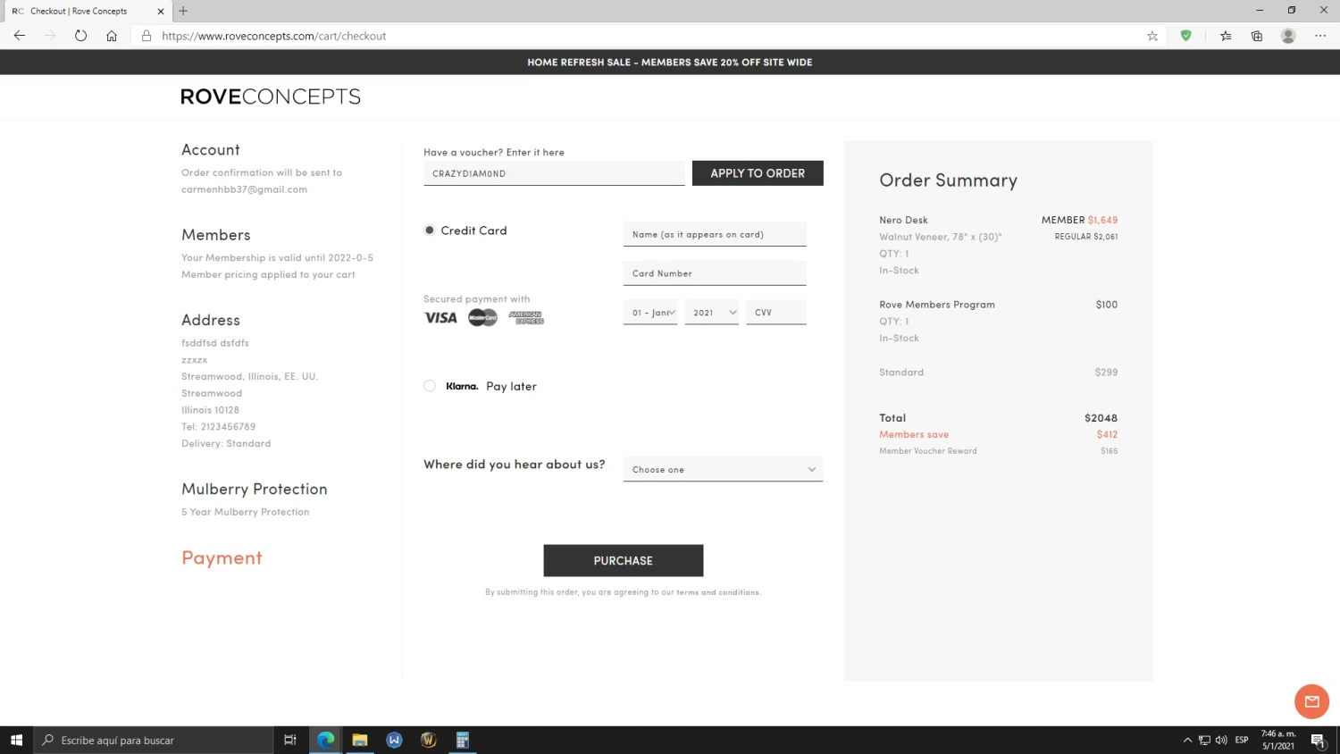 Rove Concepts checkout page showing Rove Concepts coupon code box | Screenshot taken by SimplyCodes community member on Jan 5, 2021