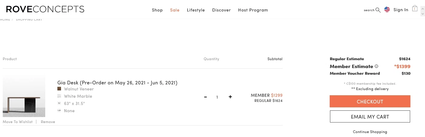Rove Concepts checkout page showing Rove Concepts coupon code box | Screenshot taken by SimplyCodes community member on Mar 7, 2021