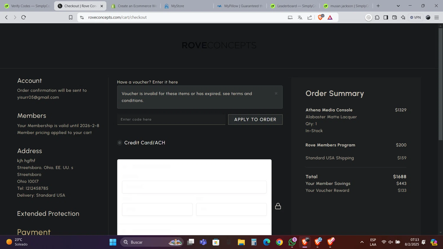 Rove Concepts coupon code screenshot showing code DWELL10 applied at Rove Concepts checkout page. Uploaded by SimplyCodes community member Caraxes on Feb 8, 2025