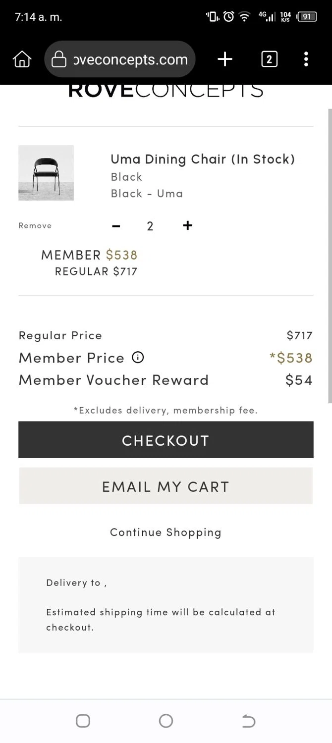 Rove Concepts coupon code screenshot showing code DWELL10 applied at Rove Concepts checkout page. Uploaded by SimplyCodes community member asdfgh on Feb 8, 2025