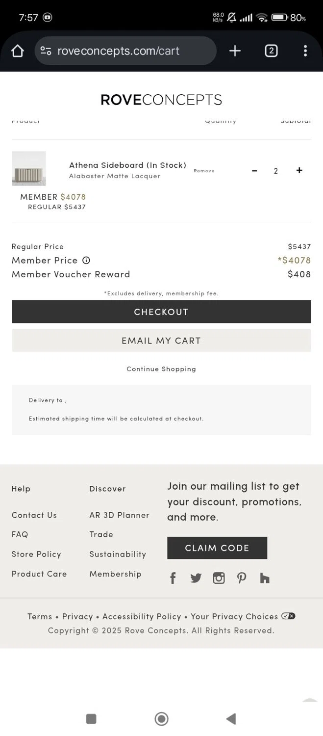 Rove Concepts coupon code screenshot showing code PRIME applied at Rove Concepts checkout page. Uploaded by SimplyCodes community member Jutdcv on Jul 18, 2025