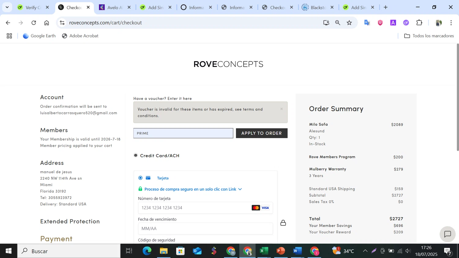 Rove Concepts coupon code screenshot showing code PRIME applied at Rove Concepts checkout page. Uploaded by SimplyCodes community member NobleMonarch5837 on Jul 18, 2025
