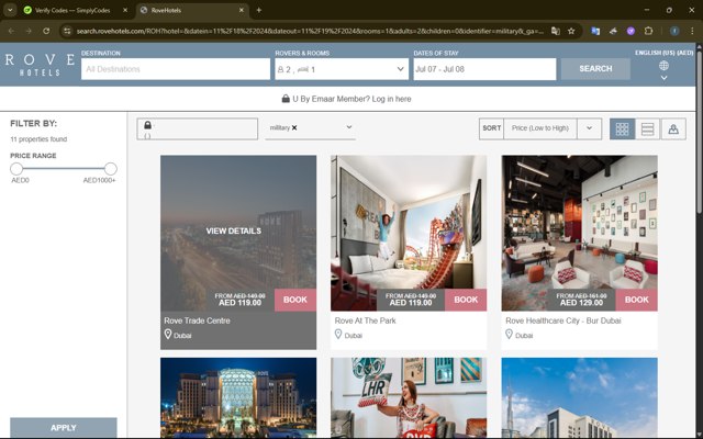 Rove Hotels checkout page showing Rove Hotels promo code box | Screenshot taken by SimplyCodes community member on Jul 6, 2025
