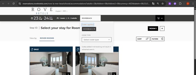 Rove Hotels checkout page showing Rove Hotels promo code box | Screenshot taken by SimplyCodes community member on Aug 22, 2025