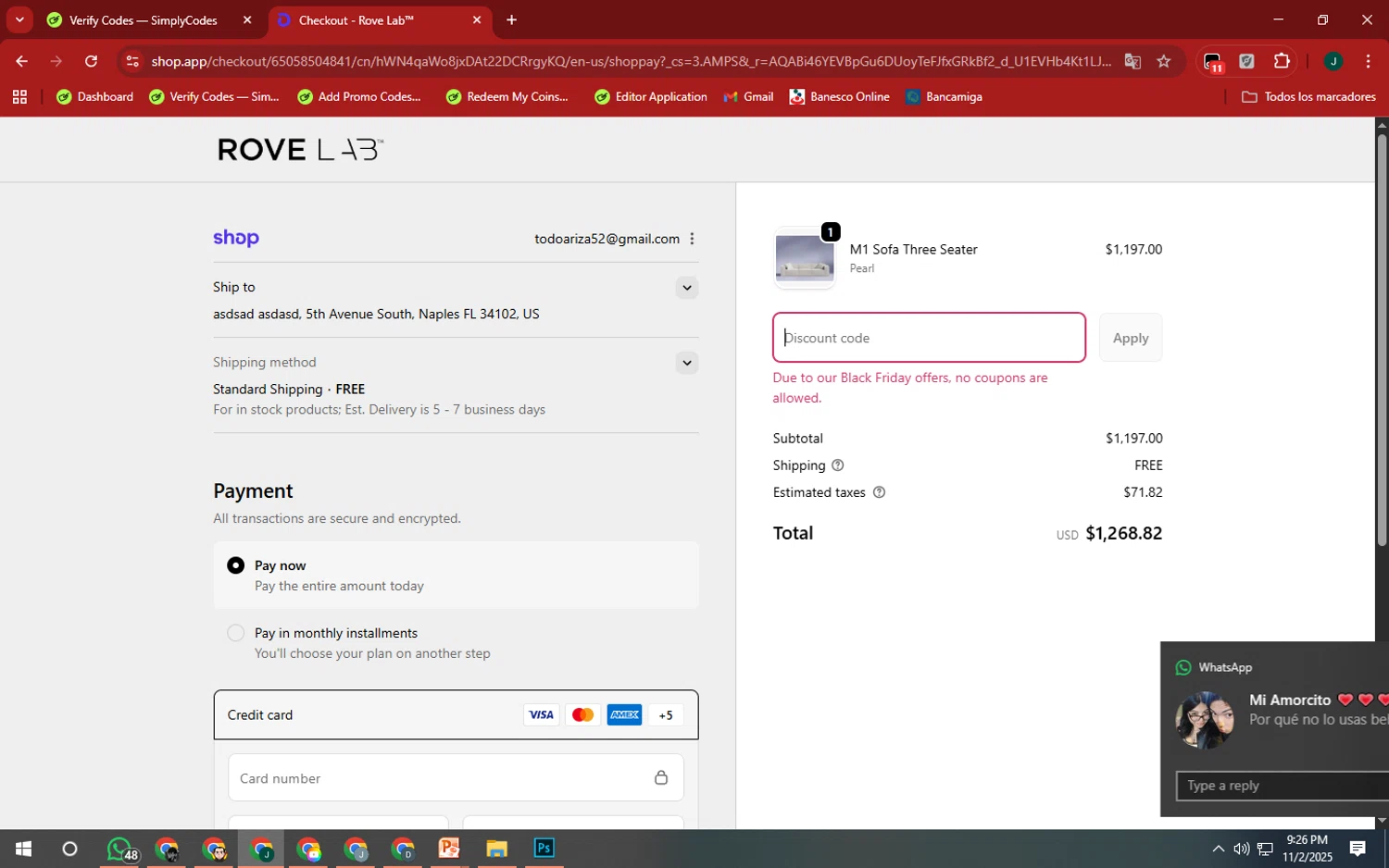 Rove Lab discount code screenshot showing code WOW300 applied at Rove Lab checkout page. Uploaded by SimplyCodes community member SilverAdmiral2559 on Nov 3, 2025