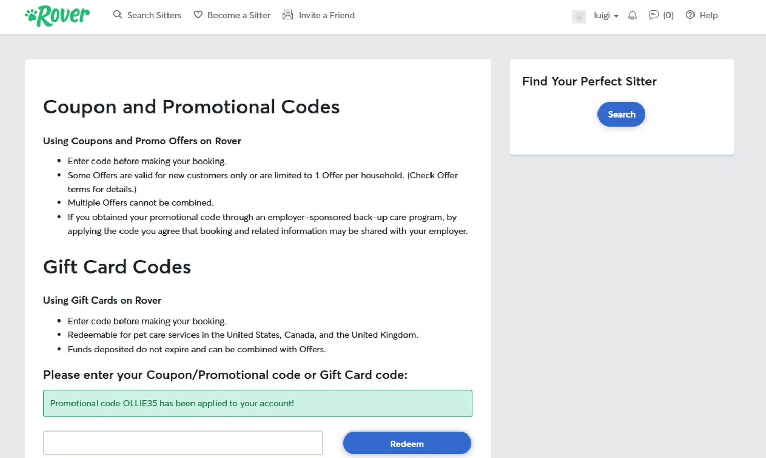 Rover promo code screenshot showing code OLLIE35 applied at Rover checkout page. Uploaded by SimplyCodes community member VoucherVirtuoso2520 on Aug 29, 2025