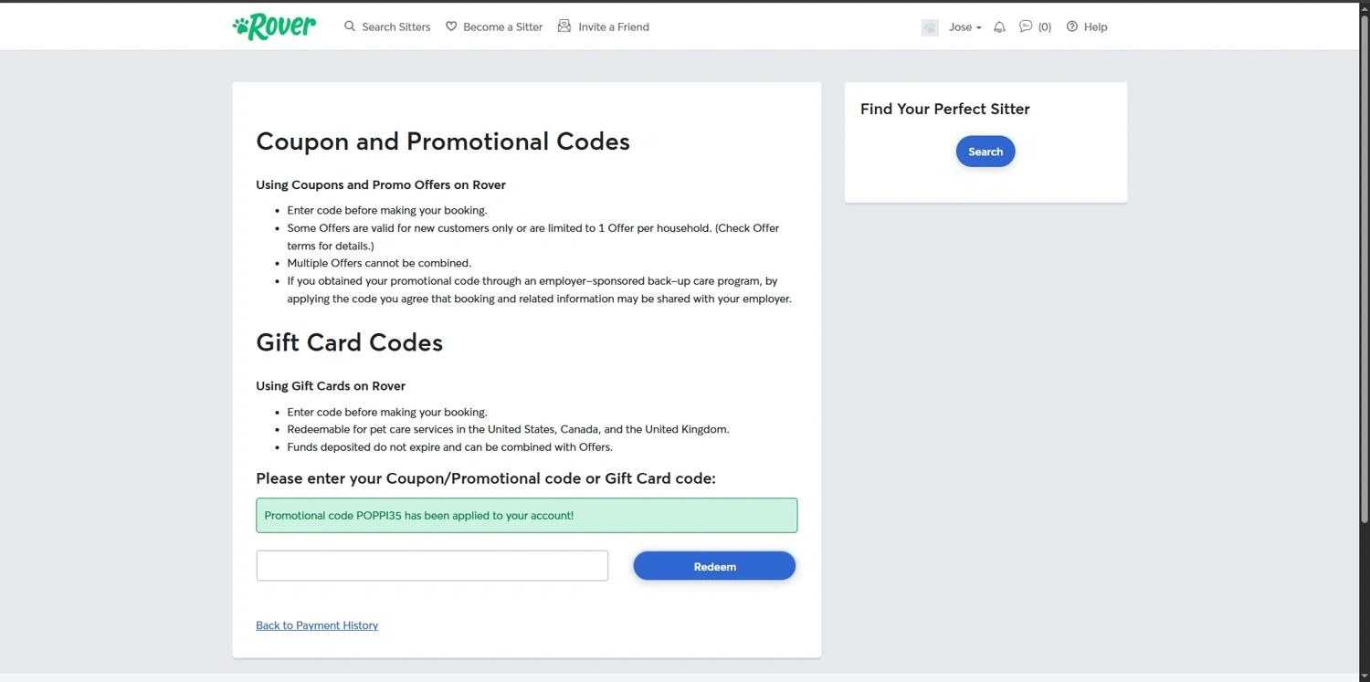 Rover promo code screenshot showing code POPPI35 applied at Rover checkout page. Uploaded by SimplyCodes community member Depressive on Aug 29, 2025