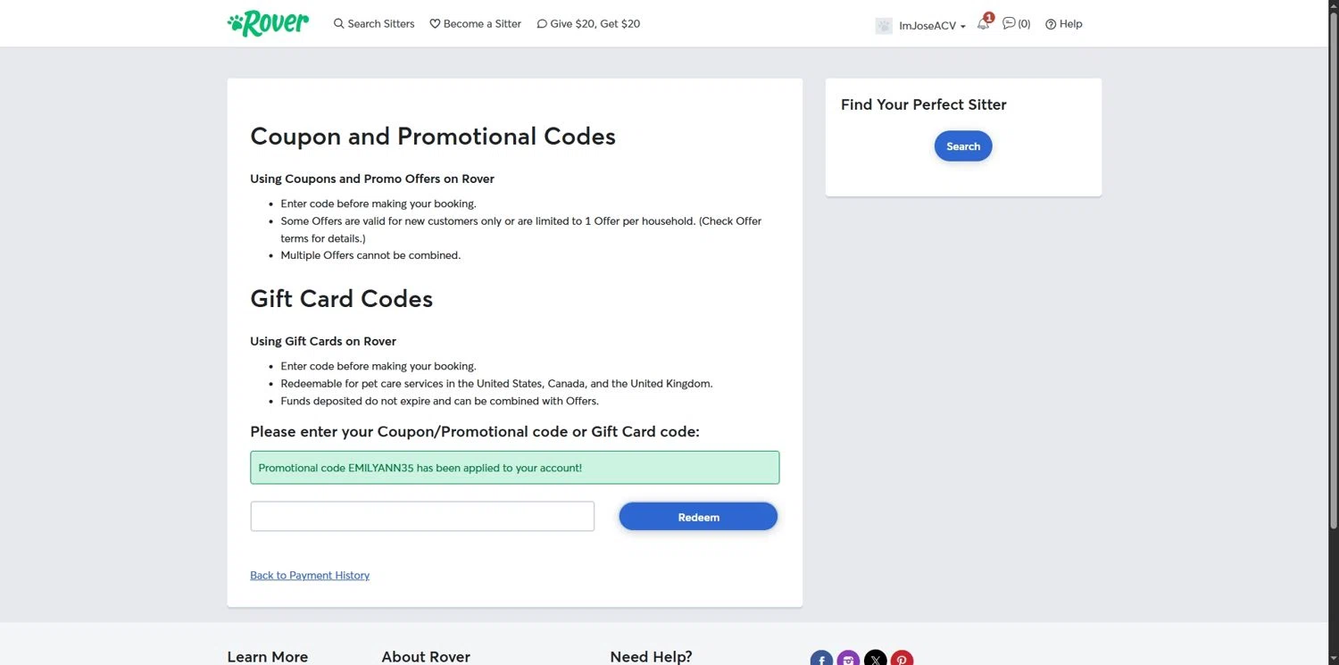 Rover promo code screenshot showing code EMILYANN35 applied at Rover checkout page. Uploaded by SimplyCodes community member Depressive on Jul 2, 2025