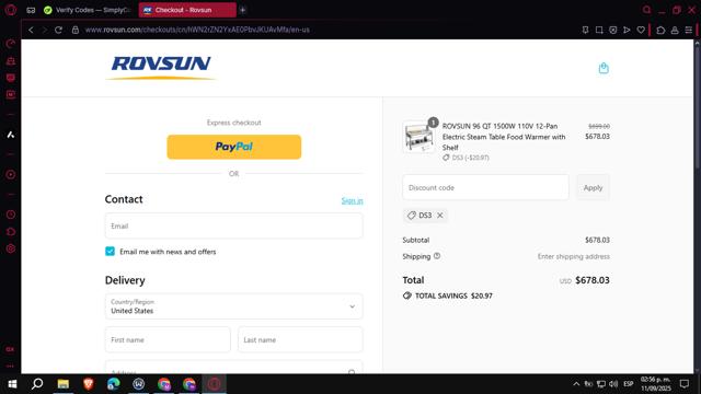 Rovsun checkout page showing Rovsun discount code box | Screenshot taken by SimplyCodes community member on Sep 11, 2025