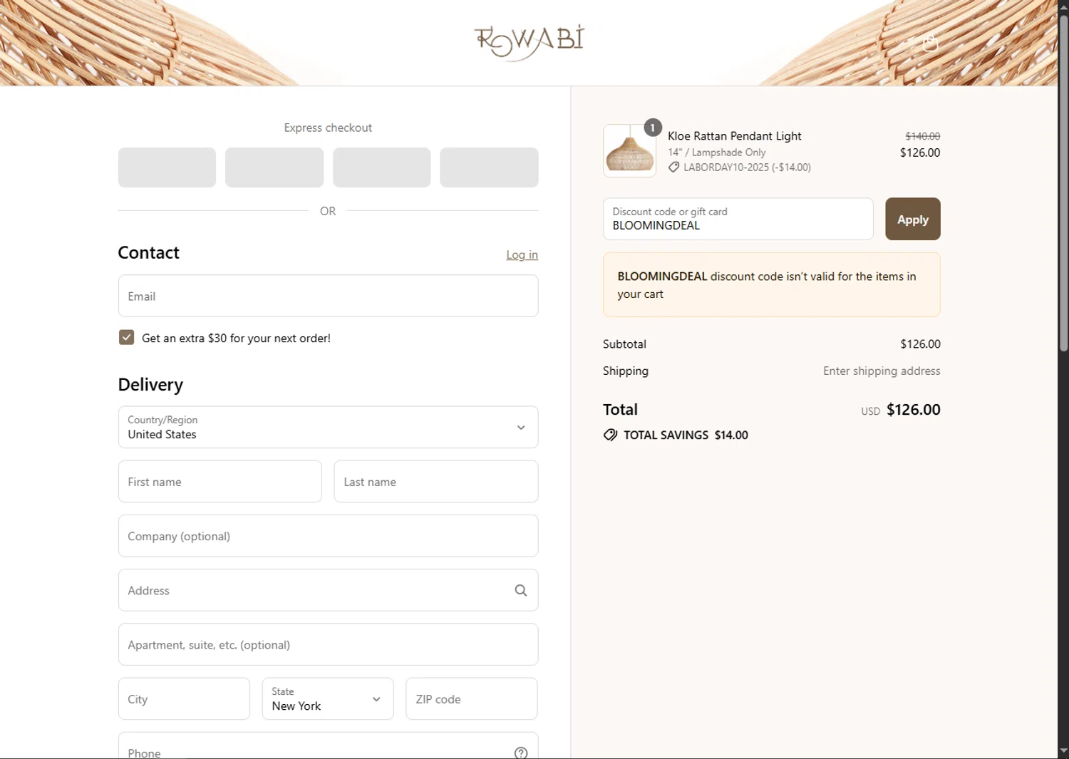 Rowabi discount code screenshot showing code BLOOMINGDEAL applied at Rowabi checkout page. Uploaded by SimplyCodes community member GoldPhoenix3793 on Sep 8, 2025