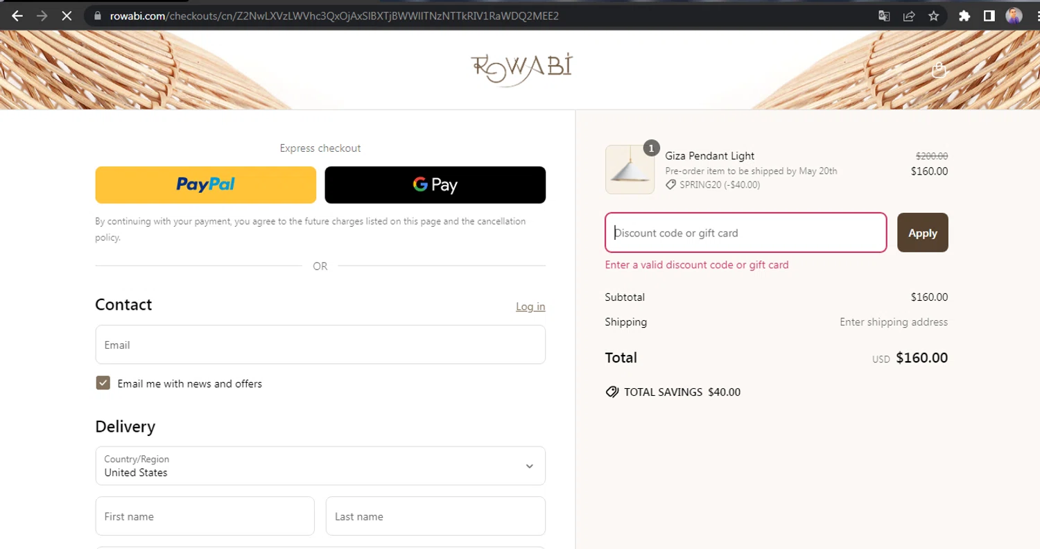 Rowabi discount code screenshot showing code 36HFUKL3AWIH7 applied at Rowabi checkout page. Uploaded by SimplyCodes community member HUNTER1406 on Mar 21, 2025