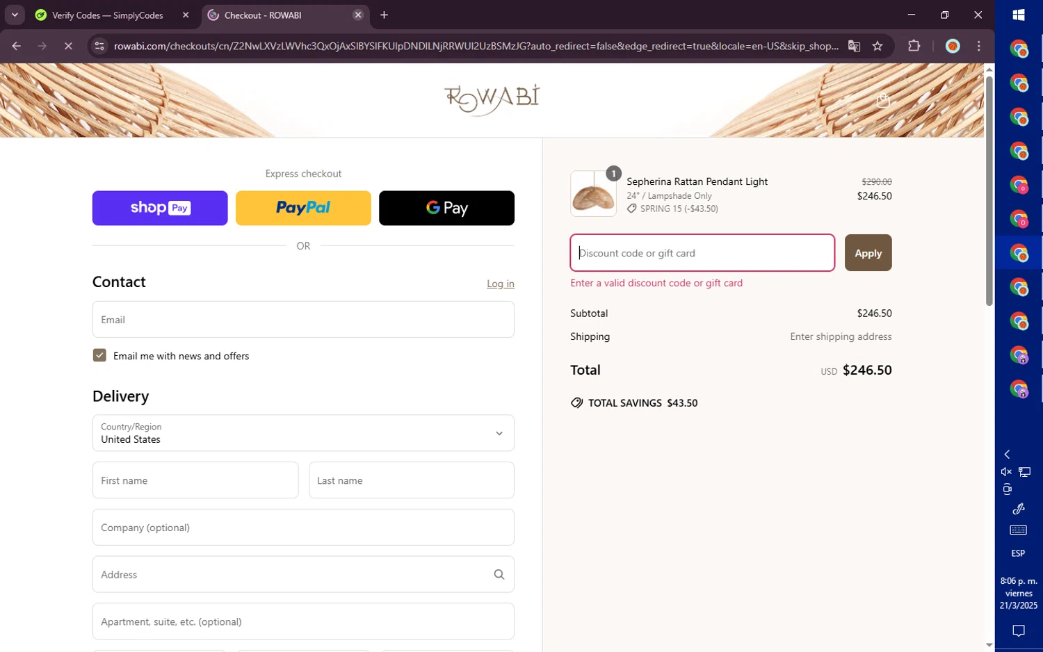 Rowabi discount code screenshot showing code 36HFUKL3AWIH7 applied at Rowabi checkout page. Uploaded by SimplyCodes community member PromoVoyager8446 on Mar 22, 2025