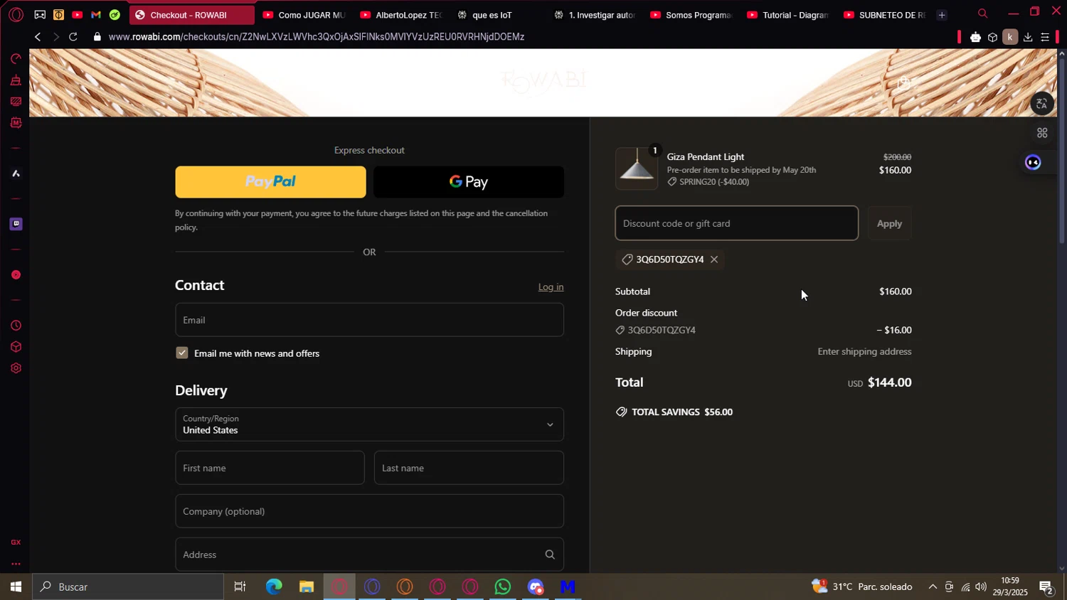 Rowabi discount code screenshot showing code 3Q6D50TQZGY4 applied at Rowabi checkout page. Uploaded by SimplyCodes community member Gon_Freecss on Mar 29, 2025