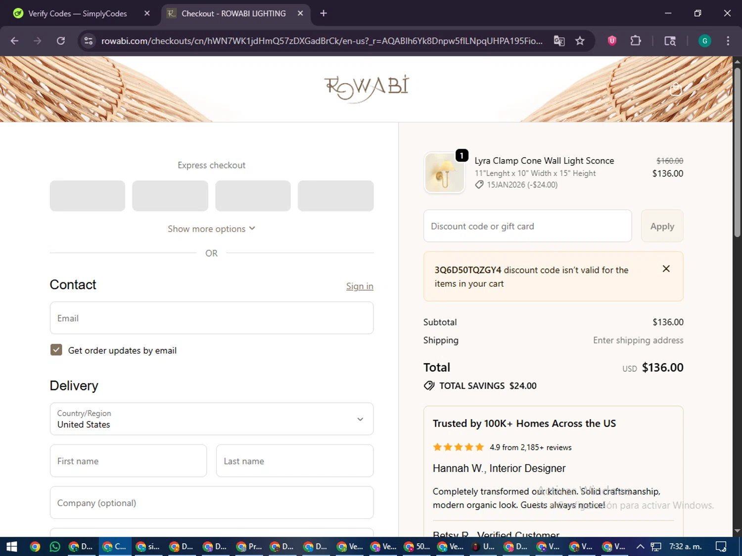 Rowabi discount code screenshot showing code 3Q6D50TQZGY4 applied at Rowabi checkout page. Uploaded by SimplyCodes community member PennyFinder5759 on Jan 12, 2026
