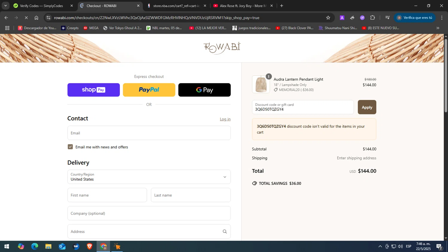 Rowabi discount code screenshot showing code 3Q6D50TQZGY4 applied at Rowabi checkout page. Uploaded by SimplyCodes community member yasabesssss on May 22, 2025