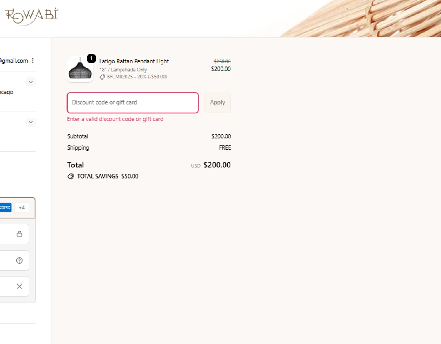 Rowabi discount code screenshot showing code W8XQD69K1B8P applied at Rowabi checkout page. Uploaded by SimplyCodes community member BrilliantRanger2465 on Nov 19, 2025