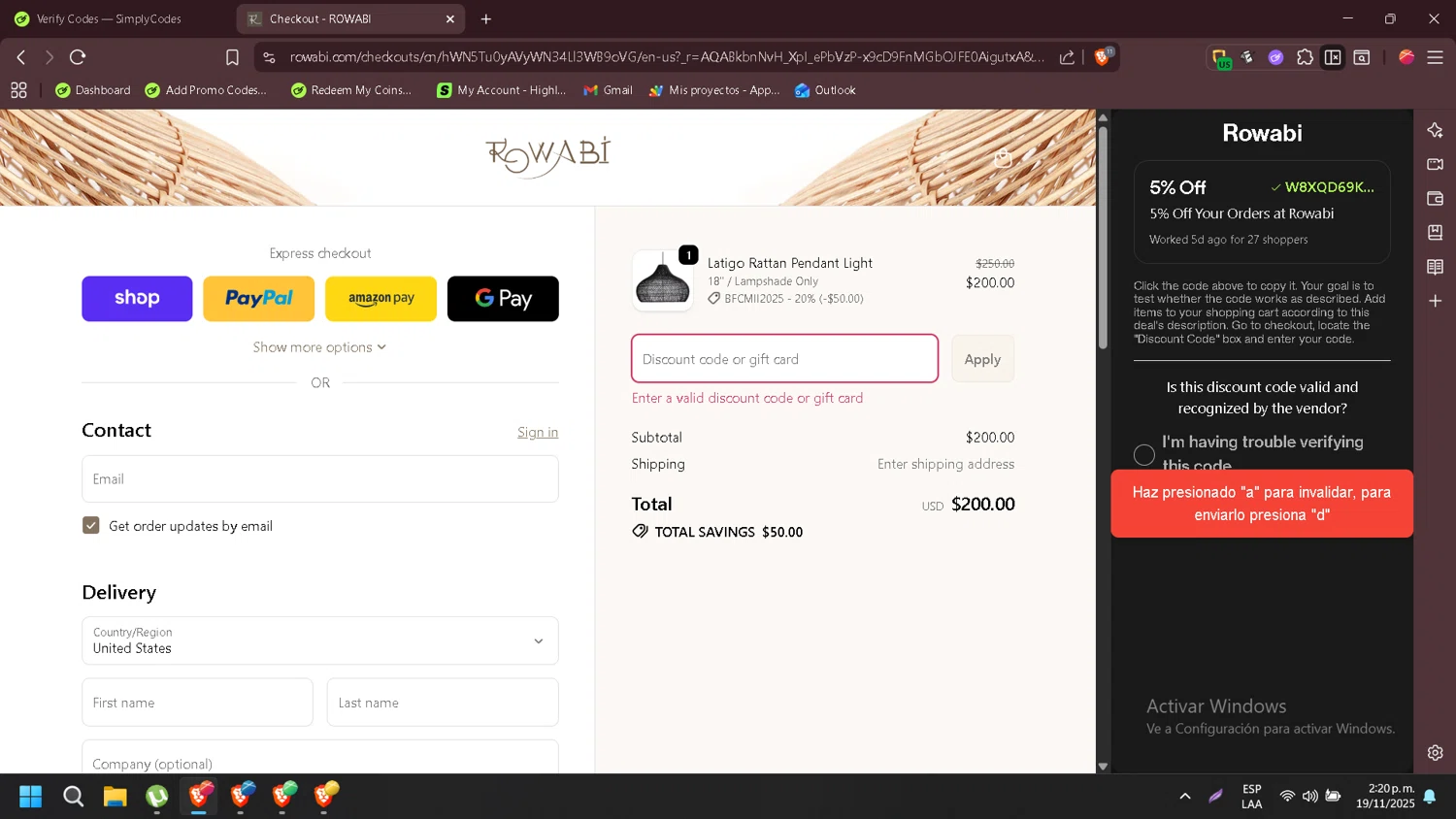 Rowabi discount code screenshot showing code W8XQD69K1B8P applied at Rowabi checkout page. Uploaded by SimplyCodes community member Wukong on Nov 19, 2025