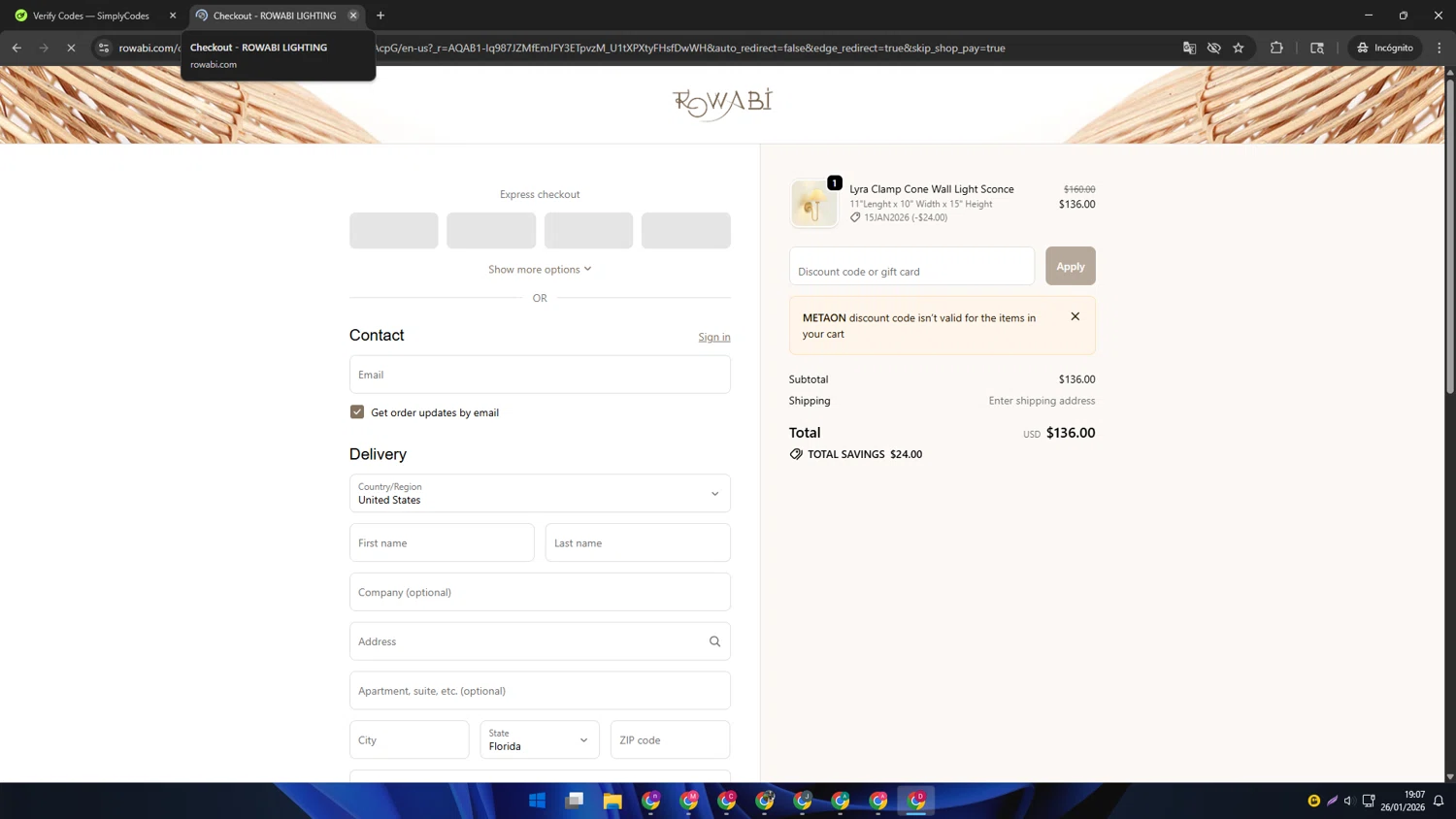 Rowabi checkout page showing Rowabi discount code box | Screenshot taken by SimplyCodes community member on Jan 27, 2026