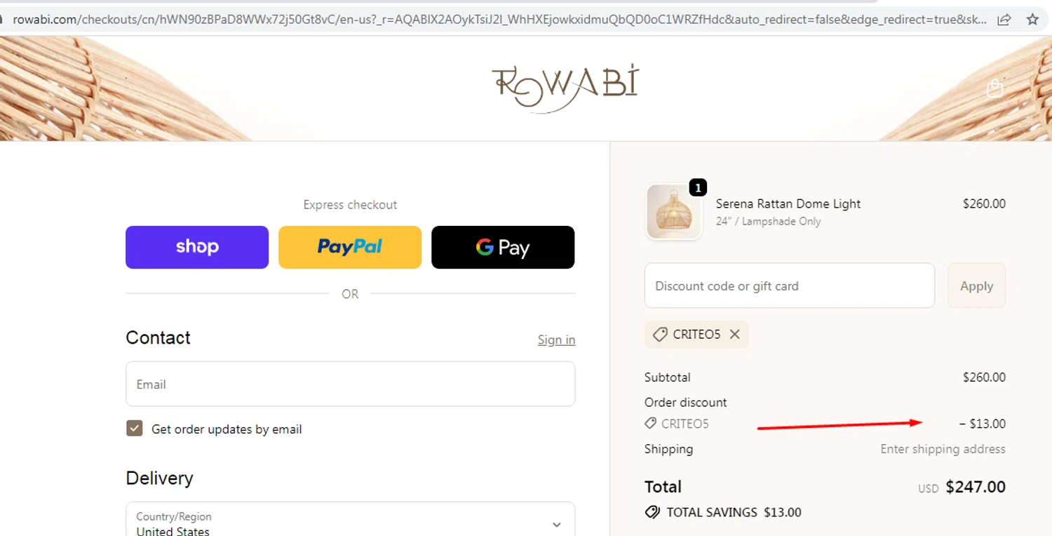 Rowabi promo code screenshot showing code CRITEO5 applied at Rowabi checkout page. Uploaded by SimplyCodes community member EMILIANOMASABE on Feb 20, 2026