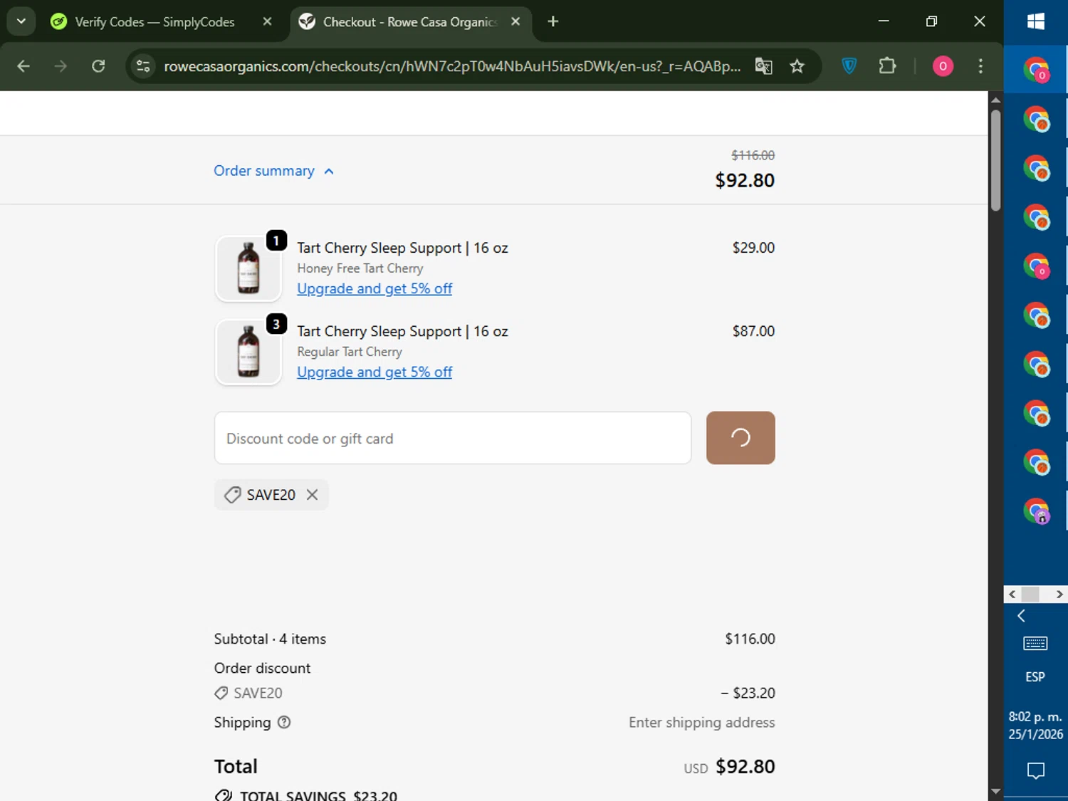 Rowe Casa Organics discount code screenshot showing code SAVE20 applied at Rowe Casa Organics checkout page. Uploaded by SimplyCodes community member LegendaryRanger6350 on Jan 26, 2026