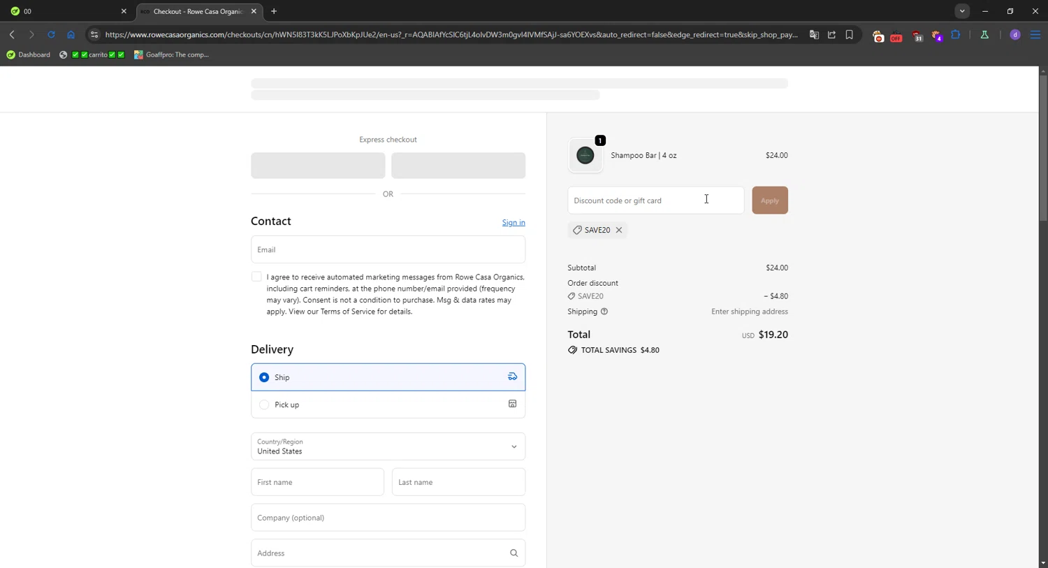 Rowe Casa Organics discount code screenshot showing code SAVE20 applied at Rowe Casa Organics checkout page. Uploaded by SimplyCodes community member SavvySeeker200 on Nov 14, 2025