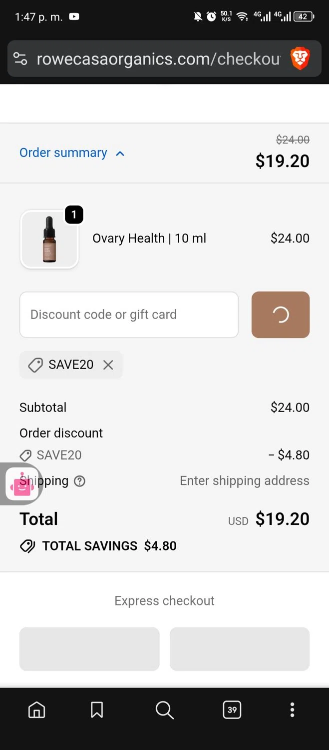 Rowe Casa Organics discount code screenshot showing code SAVE20 applied at Rowe Casa Organics checkout page. Uploaded by SimplyCodes community member usermariee on Nov 14, 2025