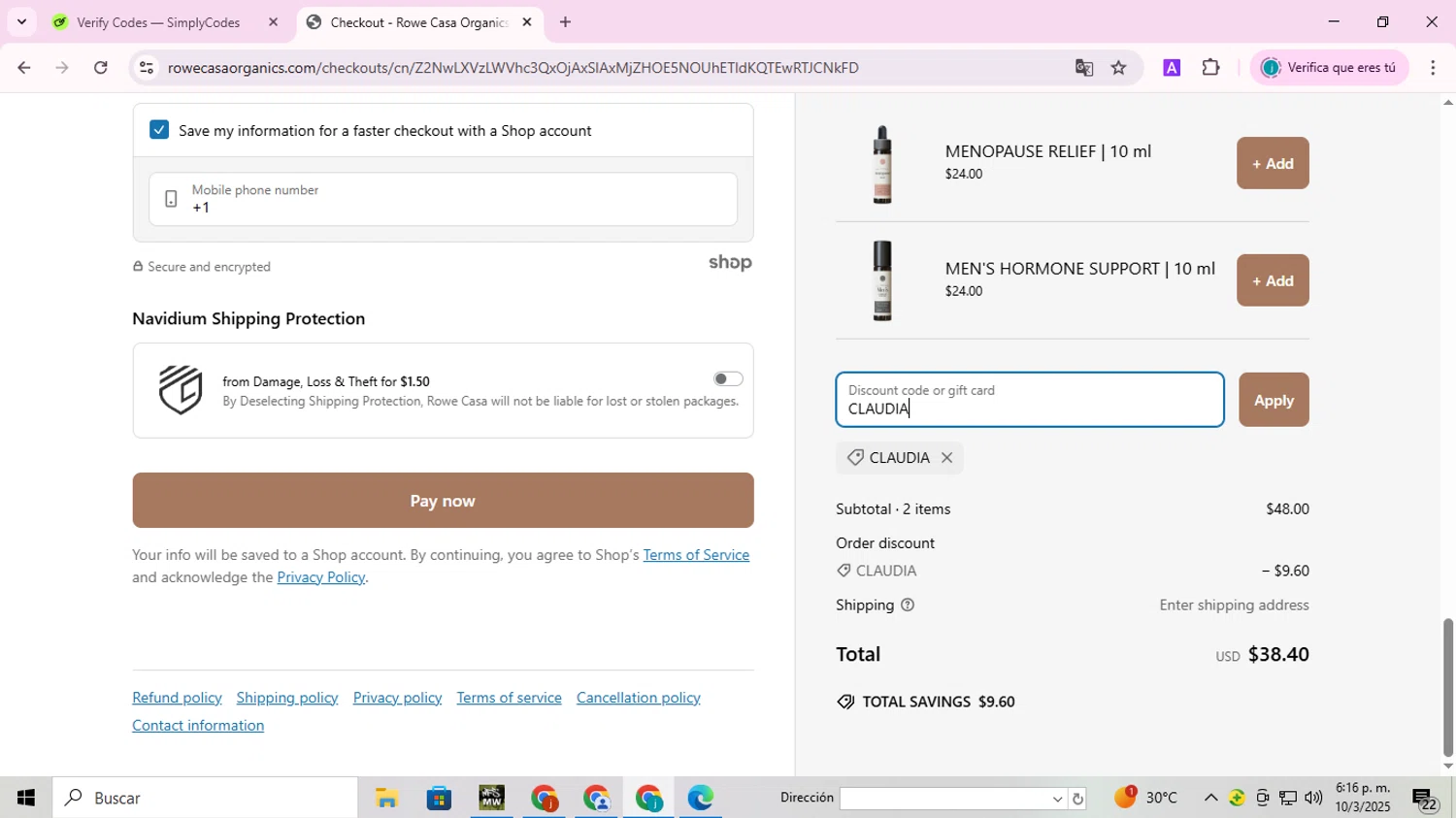 Rowe Casa Organics discount code screenshot showing code CLAUDIA applied at Rowe Casa Organics checkout page. Uploaded by SimplyCodes community member BudgetMaven6078 on Mar 10, 2025