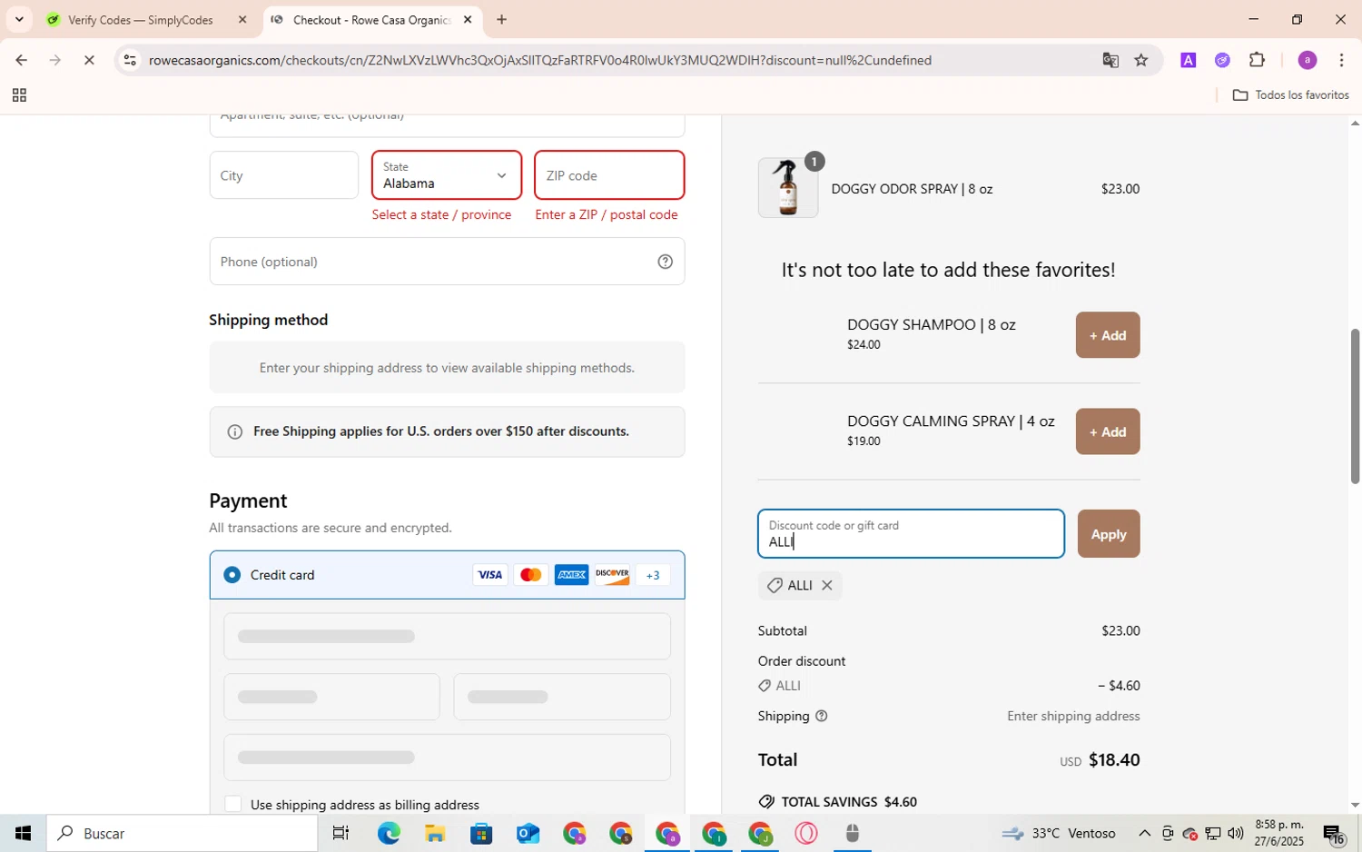 Rowe Casa Organics discount code screenshot showing code ALLI applied at Rowe Casa Organics checkout page. Uploaded by SimplyCodes community member Andygar on Jun 27, 2025