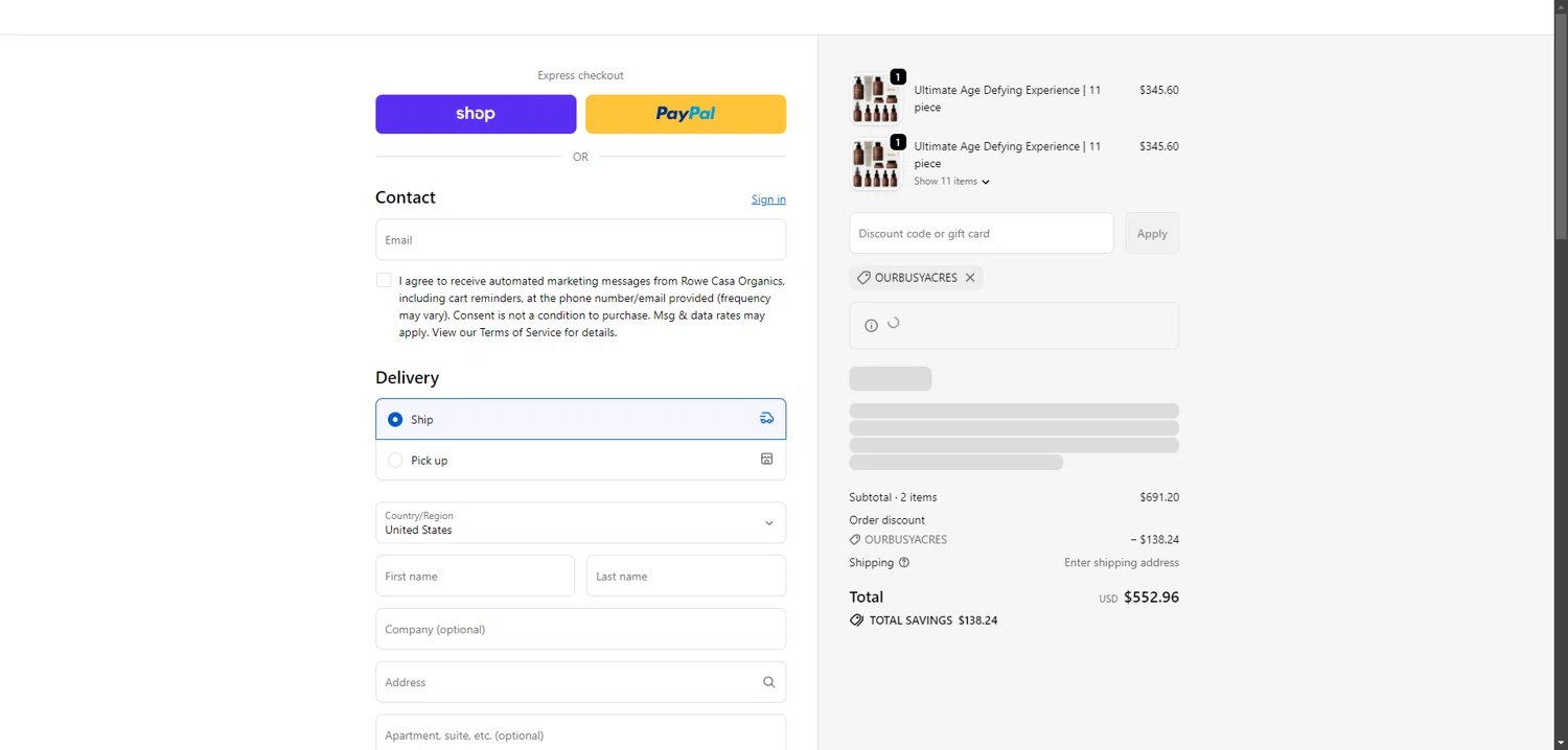 Rowe Casa Organics discount code screenshot showing code Ourbusyacres applied at Rowe Casa Organics checkout page. Uploaded by SimplyCodes community member MACKter54644 on Feb 7, 2026