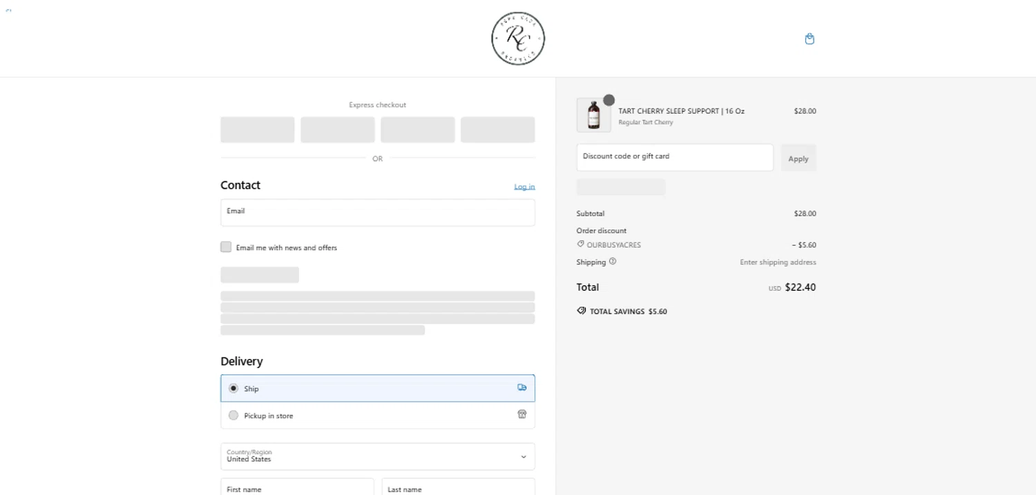 Rowe Casa Organics discount code screenshot showing code Ourbusyacres applied at Rowe Casa Organics checkout page. Uploaded by SimplyCodes community member CleverHawk1744 on Jan 23, 2025