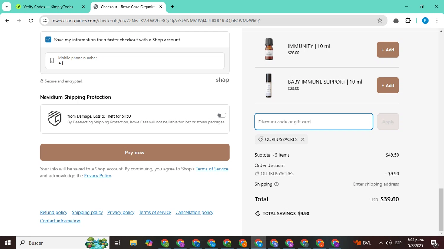 Rowe Casa Organics discount code screenshot showing code Ourbusyacres applied at Rowe Casa Organics checkout page. Uploaded by SimplyCodes community member CodeShopper8605 on Mar 5, 2025