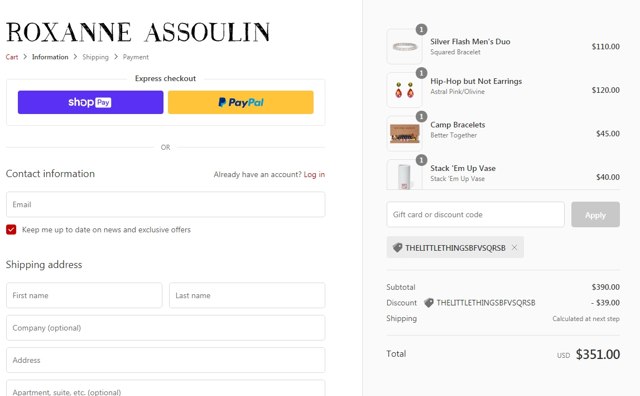 Roxanne Assoulin checkout page showing Roxanne Assoulin promo code box | Screenshot taken by SimplyCodes community member on Sep 8, 2020
