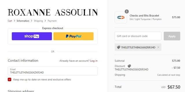 Roxanne Assoulin checkout page showing Roxanne Assoulin promo code box | Screenshot taken by SimplyCodes community member on Sep 8, 2020