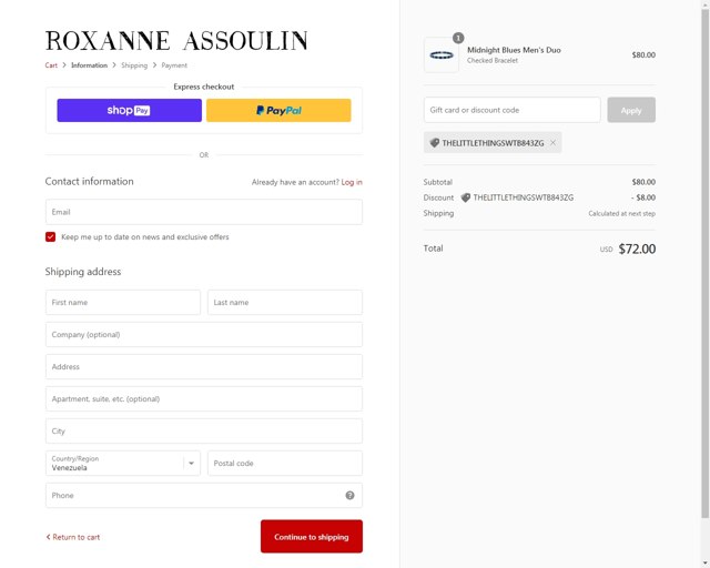 Roxanne Assoulin checkout page showing Roxanne Assoulin promo code box | Screenshot taken by SimplyCodes community member on Sep 8, 2020