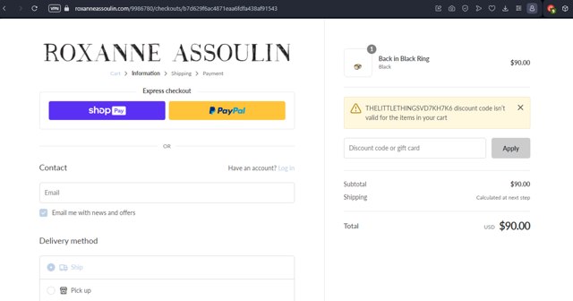 Roxanne Assoulin checkout page showing Roxanne Assoulin promo code box | Screenshot taken by SimplyCodes community member on Nov 29, 2023