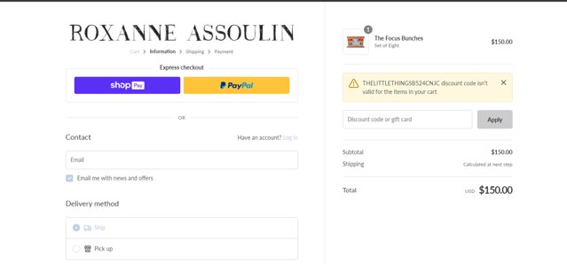 Roxanne Assoulin checkout page showing Roxanne Assoulin promo code box | Screenshot taken by SimplyCodes community member on Nov 29, 2023