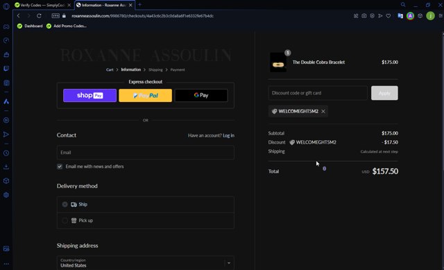 Roxanne Assoulin checkout page showing Roxanne Assoulin promo code box | Screenshot taken by SimplyCodes community member on Jul 22, 2024