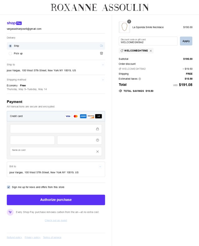 Roxanne Assoulin checkout page showing Roxanne Assoulin promo code box | Screenshot taken by SimplyCodes community member on May 2, 2024