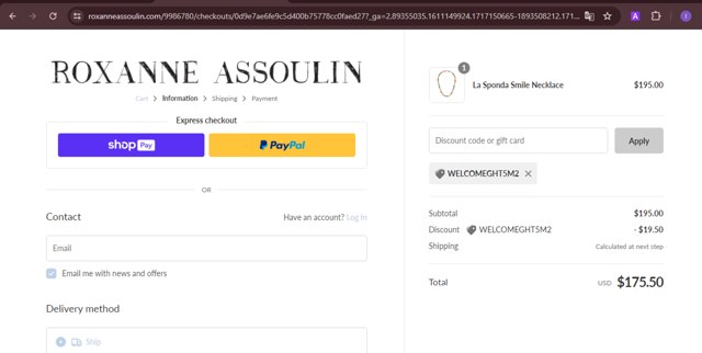 Roxanne Assoulin checkout page showing Roxanne Assoulin promo code box | Screenshot taken by SimplyCodes community member on May 31, 2024