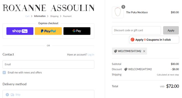 Roxanne Assoulin checkout page showing Roxanne Assoulin promo code box | Screenshot taken by SimplyCodes community member on Jun 23, 2024