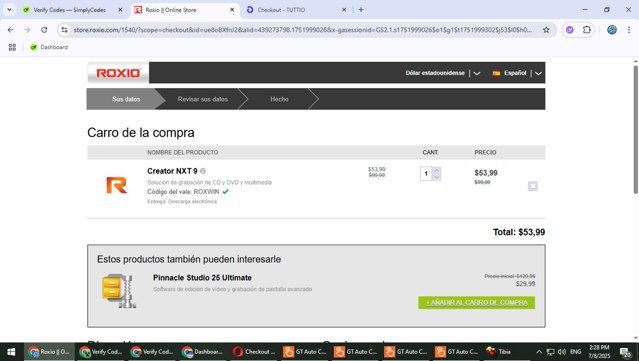 Roxio checkout page showing Roxio coupon code box | Screenshot taken by SimplyCodes community member on Jul 8, 2025
