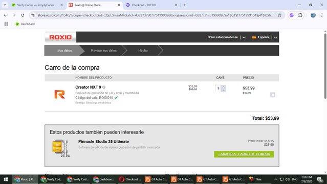 Roxio checkout page showing Roxio coupon code box | Screenshot taken by SimplyCodes community member on Jul 8, 2025