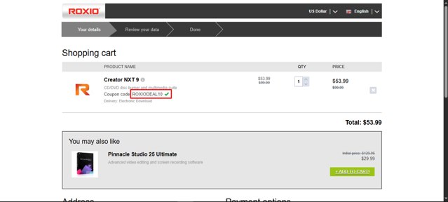 Roxio checkout page showing Roxio coupon code box | Screenshot taken by SimplyCodes community member on Jul 8, 2025