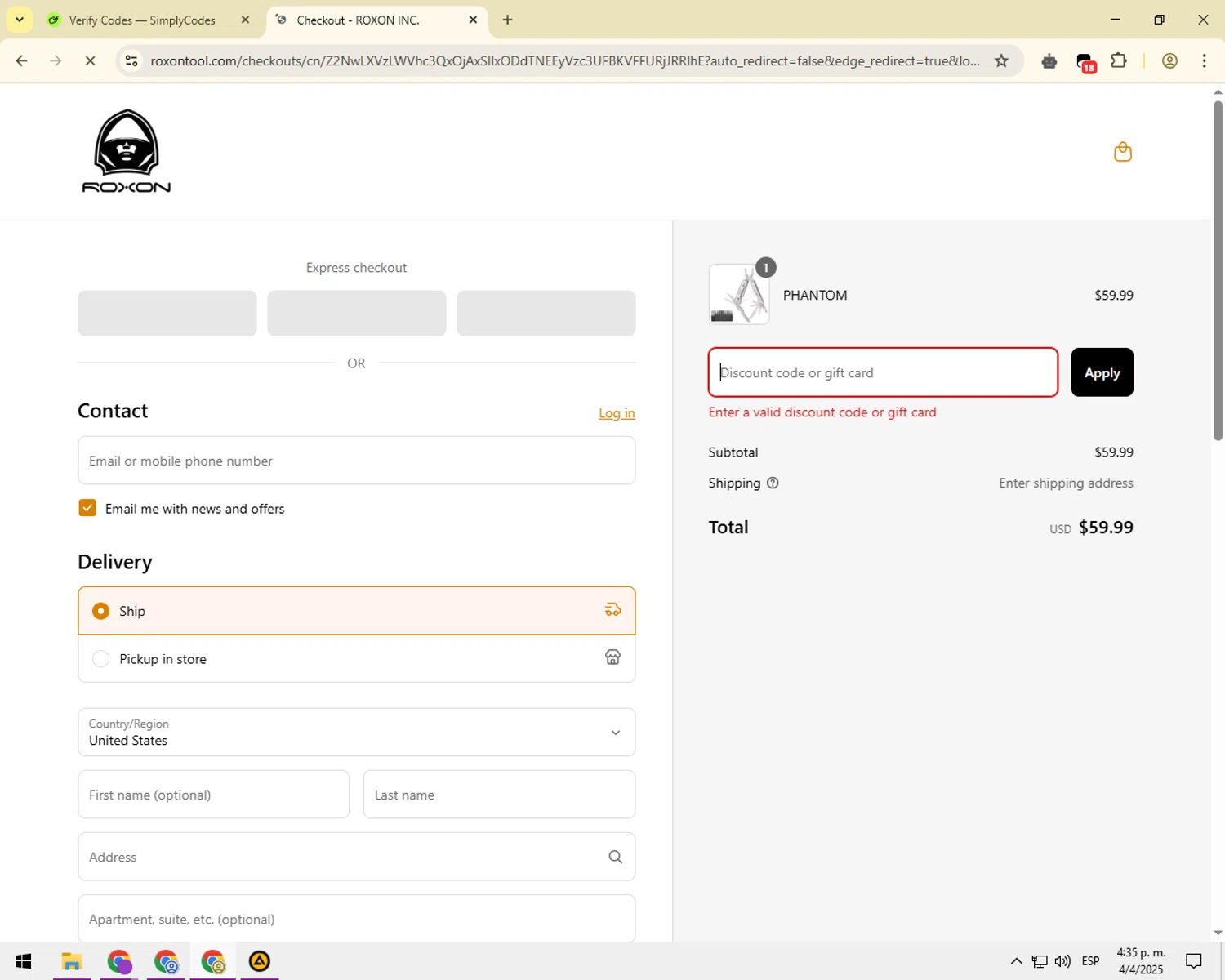ROXON discount code screenshot showing code FLEXFIRST10 applied at ROXON checkout page. Uploaded by SimplyCodes community member EnmaFoker on Apr 4, 2025