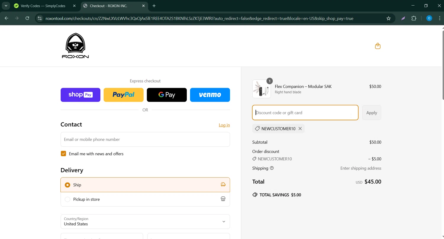 ROXON discount code screenshot showing code NEWCUSTOMER10 applied at ROXON checkout page. Uploaded by SimplyCodes community member RoyalSage9159 on Mar 25, 2025
