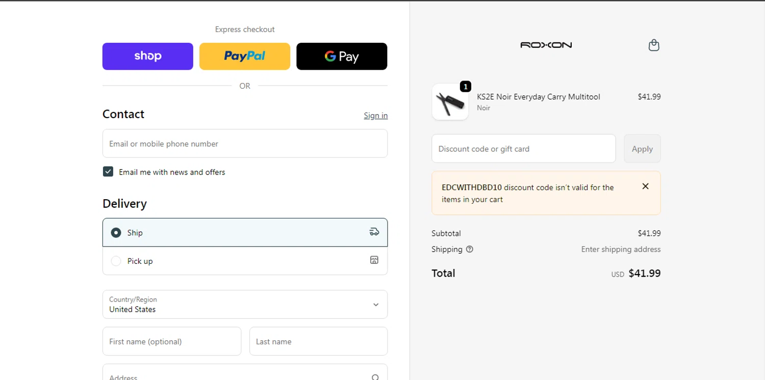 ROXON discount code screenshot showing code EDCWITHDBD10 applied at ROXON checkout page. Uploaded by SimplyCodes community member HUNTER1406 on Feb 5, 2026