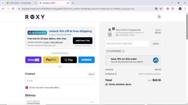 Roxy checkout page showing Roxy coupon code box | Screenshot taken by SimplyCodes community member on Aug 28, 2025